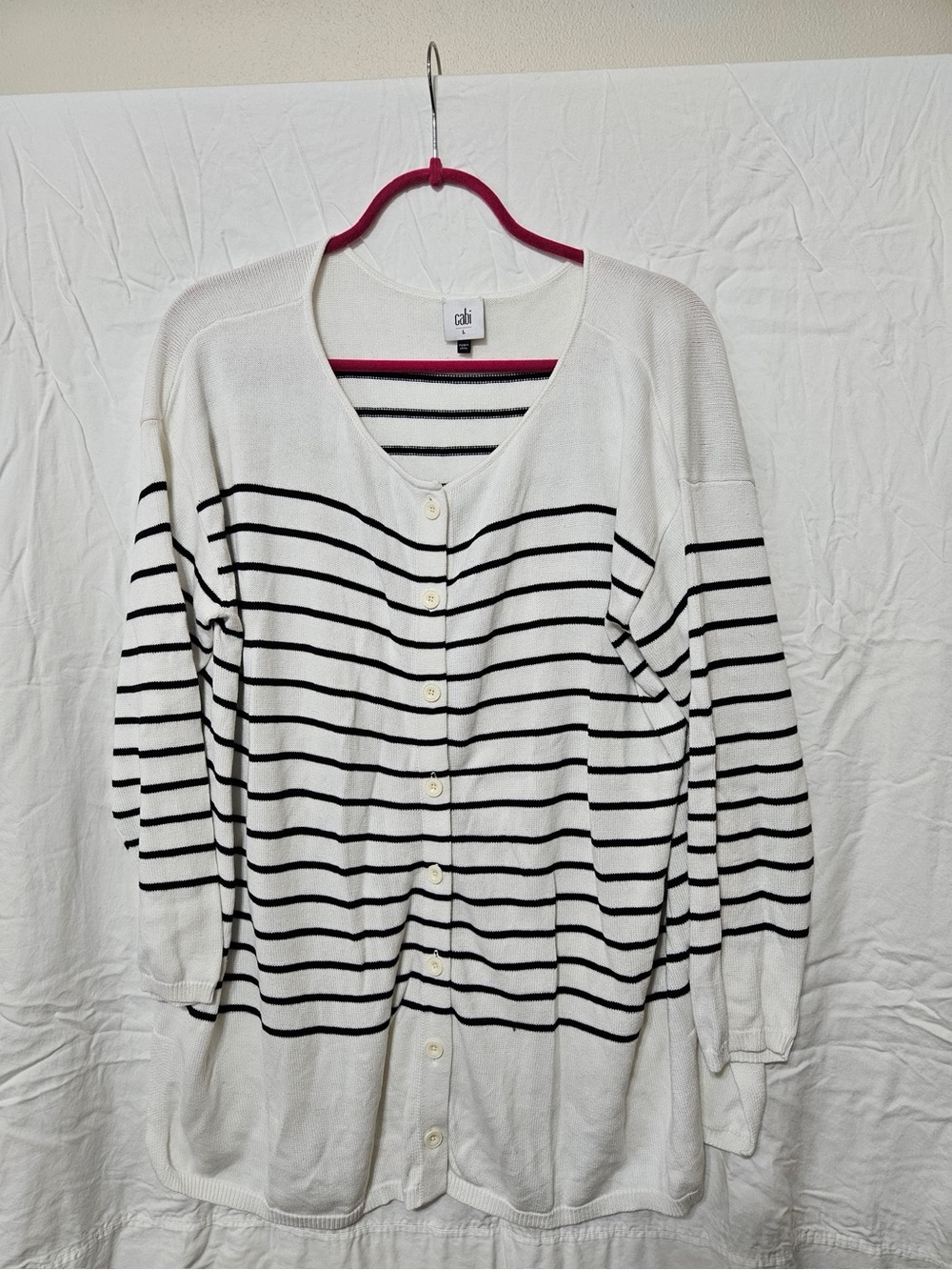 CAbi White and Black Striped Button-Front Cardigan